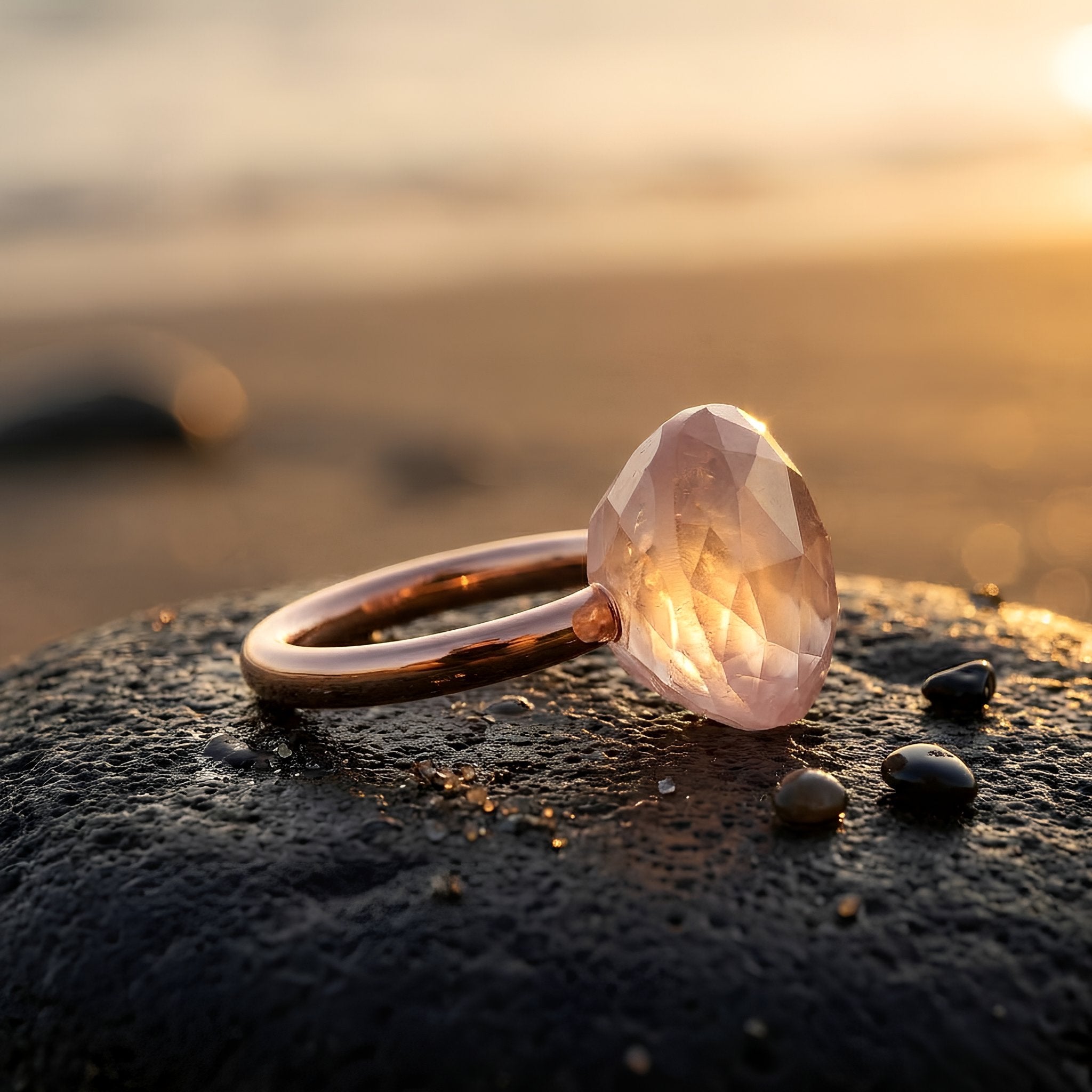 Ring FLAME roségold, Rosenquarz