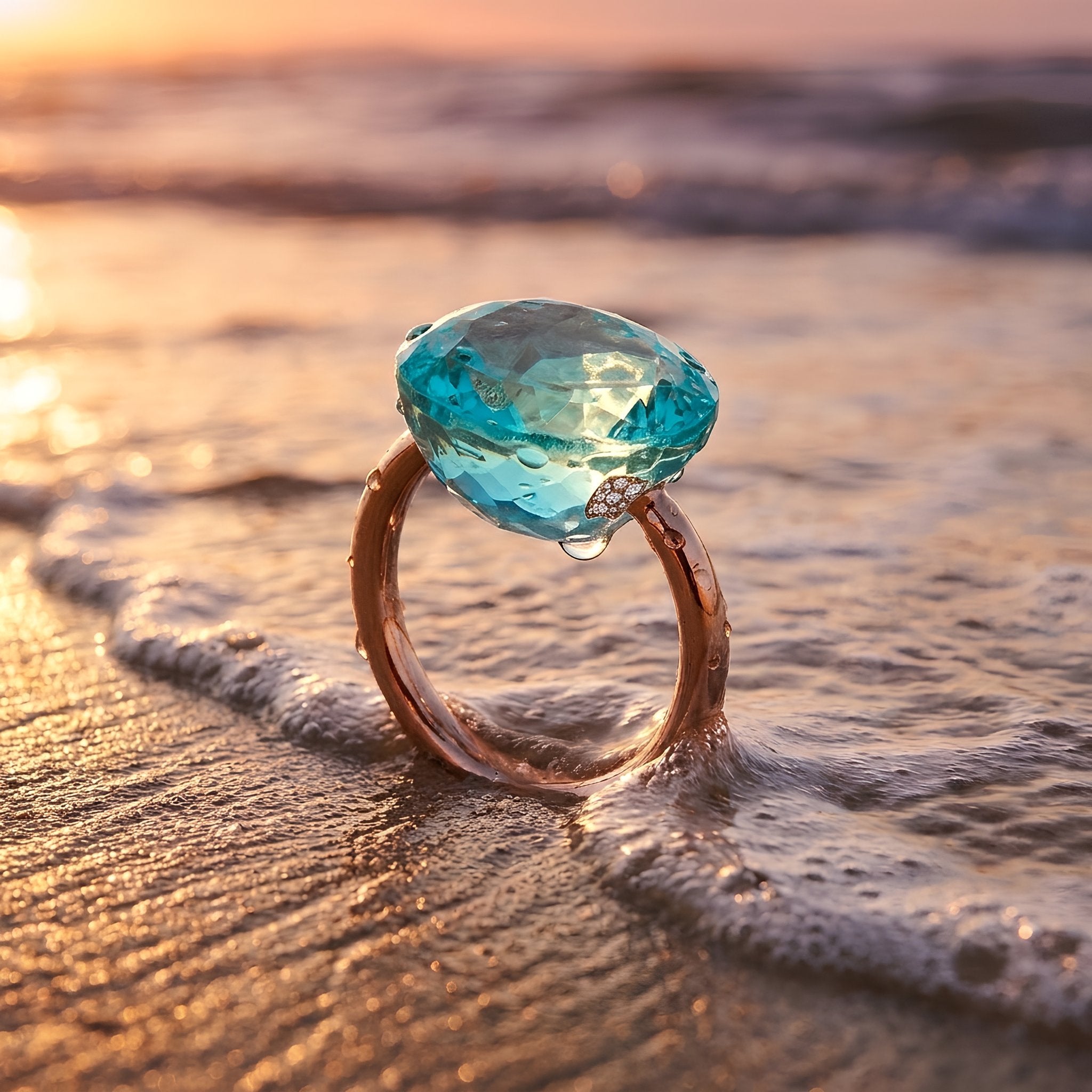 Ring FLAME roségold, Aquamarin Quarz