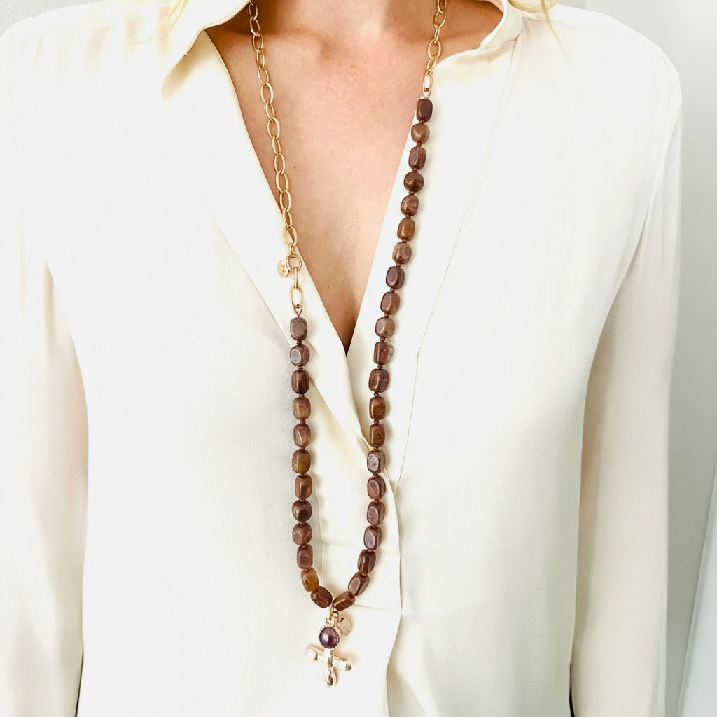 LIU Cross Necklace taupe, roségold